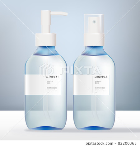 Vector Alcohol, Hair Shimmer, Fragrance, Antibacterial, Aroma Water Spray or Pump Bottle and Hand Cream Packaging. Transparent Light Blue and White Vector Alcohol, Hair Shimmer, Fragrance, Antibacterial, Aroma Water Spray or Pump Bottle and Hand Cream Packaging. Transparent Light Blue and White 82200363