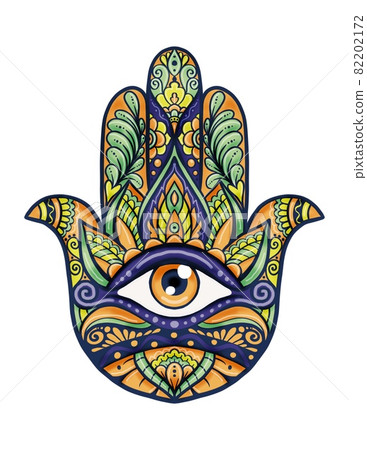 Indian henna tatoo hamsa hand with ornament, colored and isolated on white background Indian henna tatoo hamsa hand with ornament, colored and isolated on white background 82202172