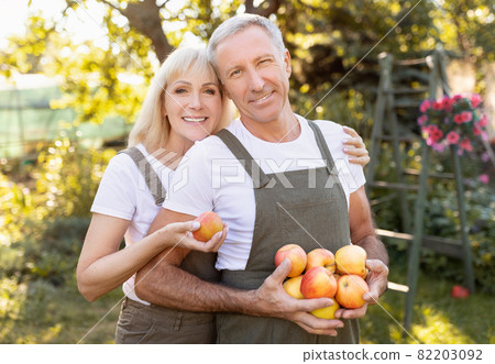 Autumn gardening concept. Happy senior spouses holding apples, standing in orchard after harvesting, free space 82203092