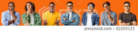 Handsome charismatic millennial guys grimacing and gesturing over orange 82203131
