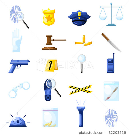 Set detective in flat style on white background. Police elements gun, badge, handcuffs, notes, bullet, fingerprint. Set detective in flat style on white background. Police elements gun, badge, handcuffs, notes, bullet, fingerprint. 82203216