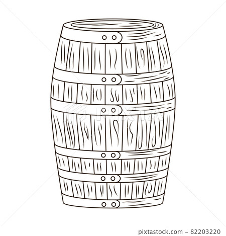 Barrel isolated on white background. Wooden keg in engraved style. Vintage sketch black outline close up. Barrel isolated on white background. Wooden keg in engraved style. Vintage sketch black outline close up. 82203220