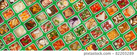 Restaurant food delivery. Set of foil containers with tasty healthy meals Restaurant food delivery. Set of foil containers with tasty healthy meals 82203289