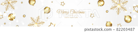 Christmas banner. Background Xmas design with christmas balls, gold confetti, xmas tree. Horizontal New Year poster, greeting card, header, website. 82203487