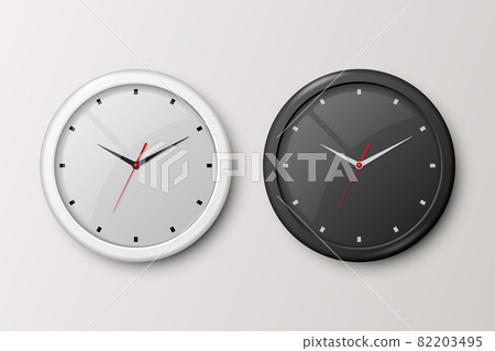 Vector 3d Realistic White and Black Wall Office Clock Set Isolated. White and Black Dial. Design Template of Wall Clock Closeup. Mock-up for Branding, Advertise. Top, Front View Vector 3d Realistic White and Black Wall Office Clock Set Isolated. White and Black Dial. Design Template of Wall Clock Closeup. Mock-up for Branding, Advertise. Top, Front View 82203495