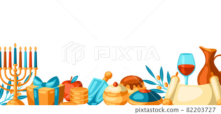 Happy Hanukkah background with religious symbols. Illustration with holiday objects. Happy Hanukkah background with religious symbols. Illustration with holiday objects. 82203727