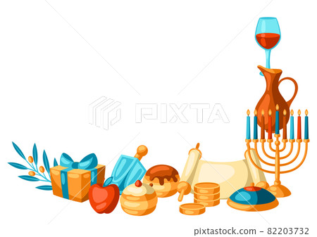 Happy Hanukkah decorative element with religious symbols. Illustration with holiday objects. 82203732