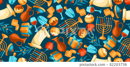 Happy Hanukkah seamless pattern with religious symbols. Background with holiday objects. 82203736