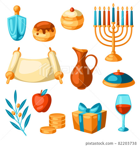 Set of Happy Hanukkah religious symbols. Illustration of holiday objects. Set of Happy Hanukkah religious symbols. Illustration of holiday objects. 82203738