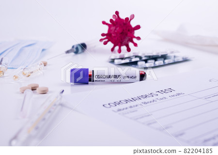 Coronavirus 2019-nCoV concept still life with blood test, drugs and laboratory flasks. COVID-19 background. Coronavirus 2019-nCoV concept still life with blood test, drugs and laboratory flasks. COVID-19 background. 82204185