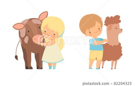 Cute Little Boy and Girl Interacting with Animal in Petting Zoo Vector Set Cute Little Boy and Girl Interacting with Animal in Petting Zoo Vector Set 82204325