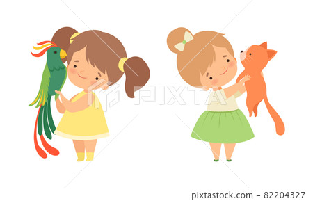 Cute Little Girl Interacting with Animal in Petting Zoo Vector Set Cute Little Girl Interacting with Animal in Petting Zoo Vector Set 82204327