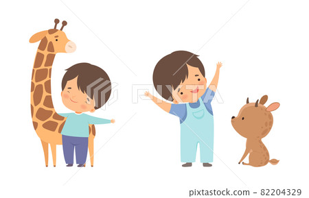 Cute Little Boy Interacting with Animal in Petting Zoo Vector Set 82204329