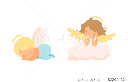 Cute Baby Angels with Nimbus and Wings Vector Set Cute Baby Angels with Nimbus and Wings Vector Set 82204412