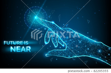 Future is near low poly hand wireframe. Vector polygonal image in form of starry sky or space, consisting of points, lines, and shapes with destruct shapes. Futuristic concept vector illustration 82205355
