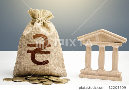 Ukrainian hryvnia money bag and bank government building. Lending loans, deposits. Monetary policy. Resource allocation. Support businesses in crisis. Budgeting, national financial system. Ukrainian hryvnia money bag and bank government building. Lending loans, deposits. Monetary policy. Resource allocation. Support businesses in crisis. Budgeting, national financial system. 82205509