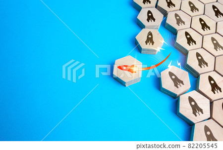Red rocket takes off first among others. Successful business startup with promising technology. Fintech project. Innovation, breaking new ground. Good investment. Business unicorn. Best idea 82205545