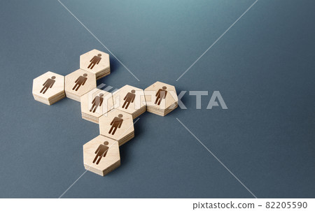 People are united in a group. Consolidation. Joining forces to achieve a common goal. Hiring employees, recruiting staff. Human resources. Grouping, self organization. Social processes. 82205590