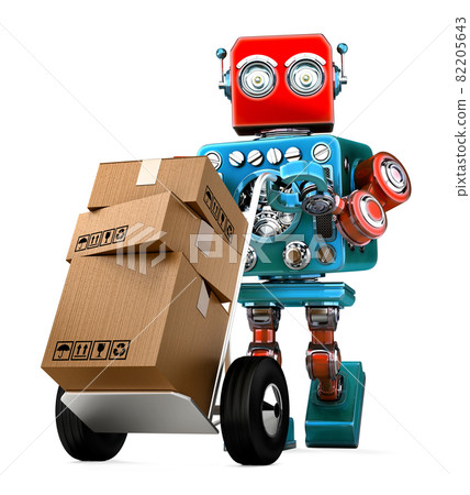 Retro Robot pushing a hand truck with boxes. Isolated. Contains clipping path Retro Robot pushing a hand truck with boxes. Isolated. Contains clipping path 82205643