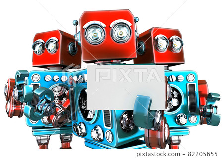 Group of robots holding white business card. Isolated. Clipping path 82205655