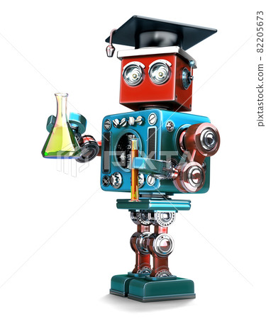Graduate Retro robot with laboratory glassware. Isolated. Contians clipping path 82205673