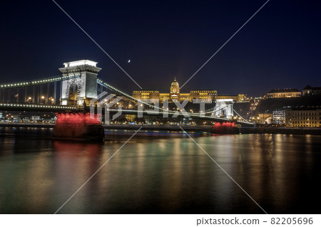 Szechenyi Chain Bridge on the Danube river at night. Budapest, Hungary. Szechenyi Chain Bridge on the Danube river at night. Budapest, Hungary. 82205696