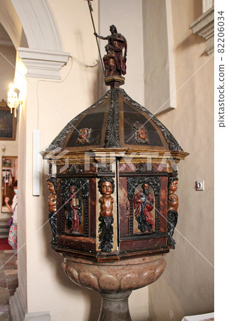 Pulpit of St. George church in Lovran, Adriatic coast, Kvarner bay, city details, Croatia 82206034