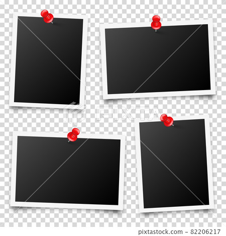 Realistic blank photo card frame, film set. Retro vintage photograph with red push pins. Digital Realistic blank photo card frame, film set. Retro vintage photograph with red push pins. Digital 82206217