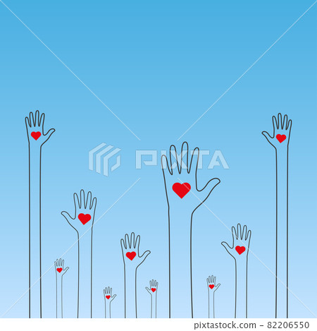 Raised human hands with red hearts. Concept of charity, volunteerism and donation. Children's hands hold heart symbols. Purity and sacrifice are given through their love for poor people 82206550