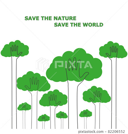 Outstretched arms, raised up like trees. Think green. Ecology concept. Protect nature, save the flag of the world. Flat style. Vector 82206552