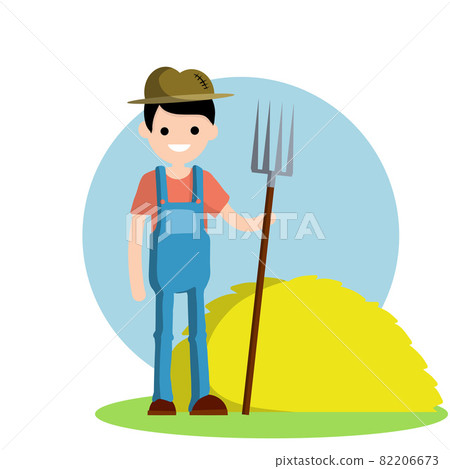 Farmer in blue jumpsuit and hat with fork in hands. Farmer in blue jumpsuit and hat with fork in hands. 82206673