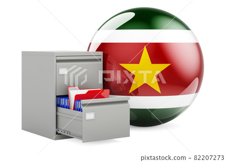 Database in Suriname, concept. Folders in filing cabinet with Surinamese flag, 3D rendering Database in Suriname, concept. Folders in filing cabinet with Surinamese flag, 3D rendering 82207273