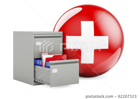 Database in Switzerland, concept. Folders in filing cabinet with Swiss flag, 3D rendering Database in Switzerland, concept. Folders in filing cabinet with Swiss flag, 3D rendering 82207323