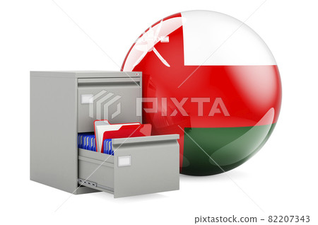 Database in Oman, concept. Folders in filing cabinet with Omani flag, 3D rendering Database in Oman, concept. Folders in filing cabinet with Omani flag, 3D rendering 82207343
