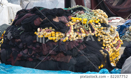 Pile of brown fishing net, Istanbul, Turkey 82207752
