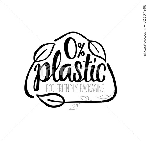 Plastic free handwritten sign of eco friendly, natural and organic labels for print packaging biodegradable, compostable, sustainable products. Lettering stock illustration isolated on background.  82207988