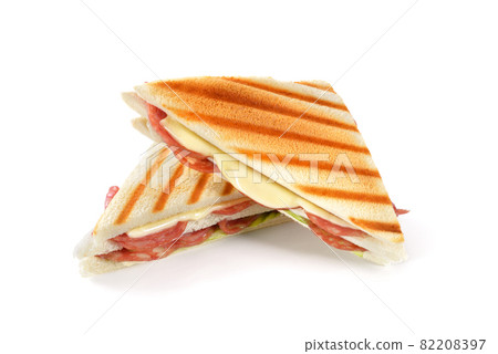 Grilled double sandwich with Italian salami and melting cheese on white background 82208397