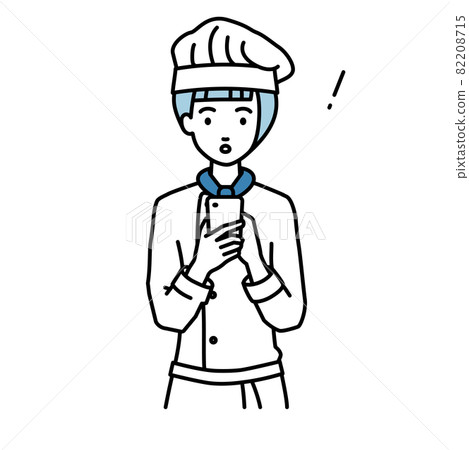 A cook woman who was surprised to notice something while standing and operating a smartphone A cook woman who was surprised to notice something while standing and operating a smartphone 82208715