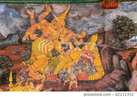 Mural painting at Wat Phra Kaew, Bangkok, Thailand 82211352
