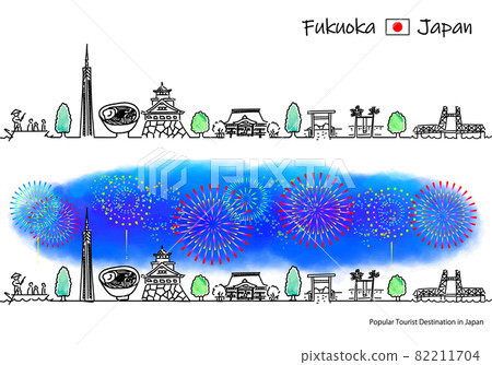 福岡縣觀光景點煙花與街景的簡單線條畫集 82211704