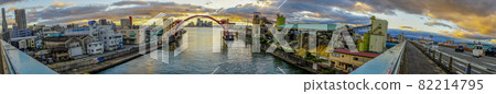 Ajigawa Bridge, Ajigawa Water Gate, panoramic shooting, evening view [mid-September] 82214795