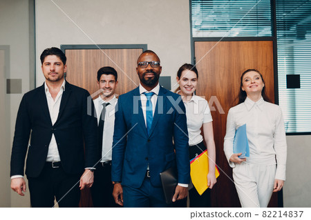 Businessman and businesswoman team at office meeting. Business people group conference discussion sit at table with boss man and woman. 82214837
