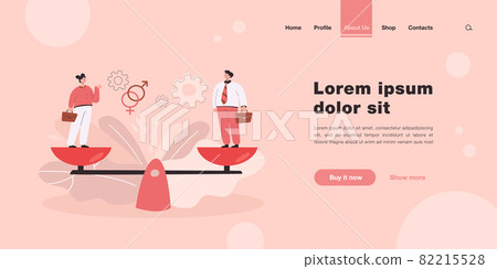 Tiny people standing on weighing dishes of balance scale 82215528