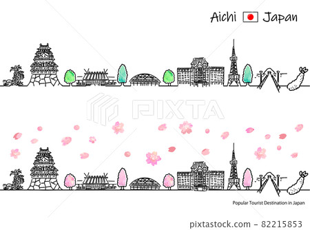 Simple line drawing set of cityscape of sightseeing spots in Aichi prefecture in spring Simple line drawing set of cityscape of sightseeing spots in Aichi prefecture in spring 82215853