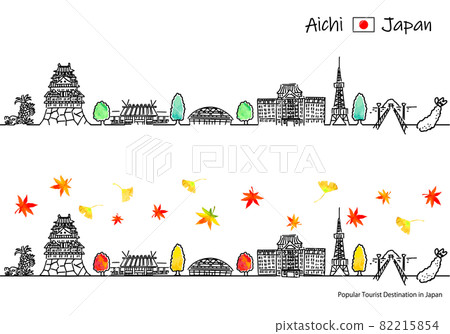 Simple line drawing set of the cityscape of a tourist spot in Aichi prefecture in autumn Simple line drawing set of the cityscape of a tourist spot in Aichi prefecture in autumn 82215854