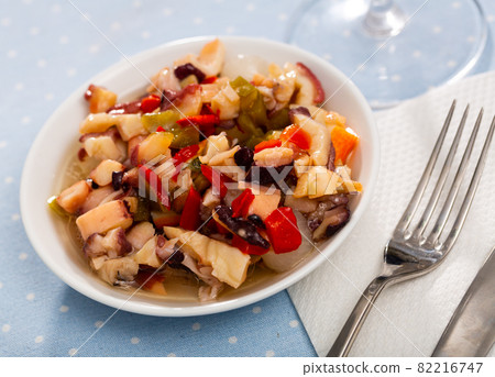 Seafood Salpicon with shrimp, mussels, octopus, vegetables and olives Seafood Salpicon with shrimp, mussels, octopus, vegetables and olives 82216747