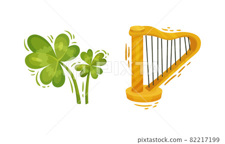 Happy Saint Patrick Day set. Three leaf clover and harp, traditional symbols of Irish holiday cartoon vector illustration Happy Saint Patrick Day set. Three leaf clover and harp, traditional symbols of Irish holiday cartoon vector illustration 82217199
