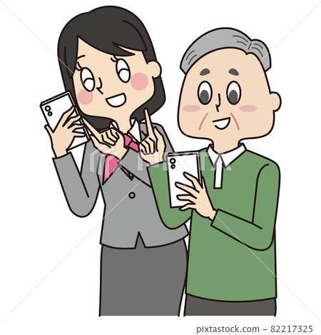 一個學習如何操作智能手機的老人和一個穿制服的移動店員教書 82217325