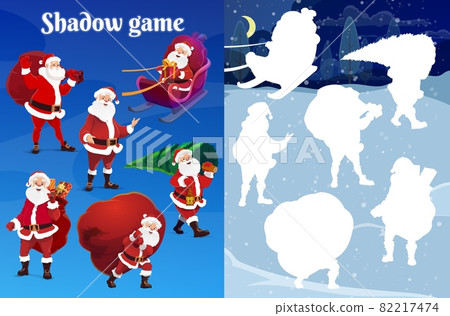 Kids Christmas shadow matching riddle, game with Santa character. Preschooler child playing activity with silhouette compare task. Santa in sleigh, carrying Christmas tree and gift sack cartoon vector 82217474