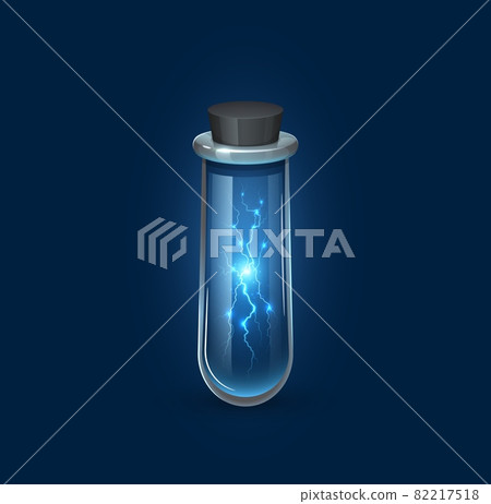 Witchcraft glass flask with lightning discharge, magic potion with power energy, cartoon vector. Witch or wizard sorcerer spell potion elixir in vial flask game asset, crystal glass phial with bung 82217518